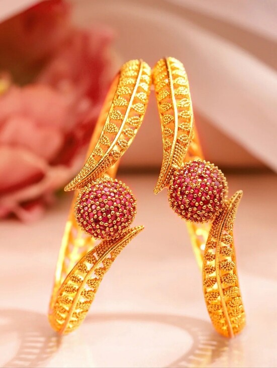 Jewelry - Gold Plated Red Stone Textured Statement Bangles Set Size 2.8